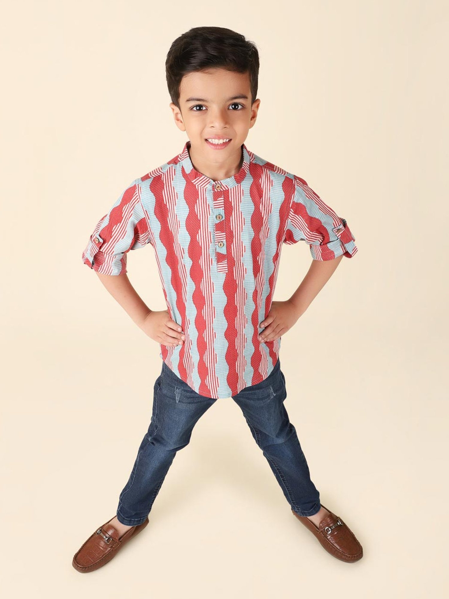 Fabindia Kids Red & Blue Cotton Printed Full Sleeves Kurta
