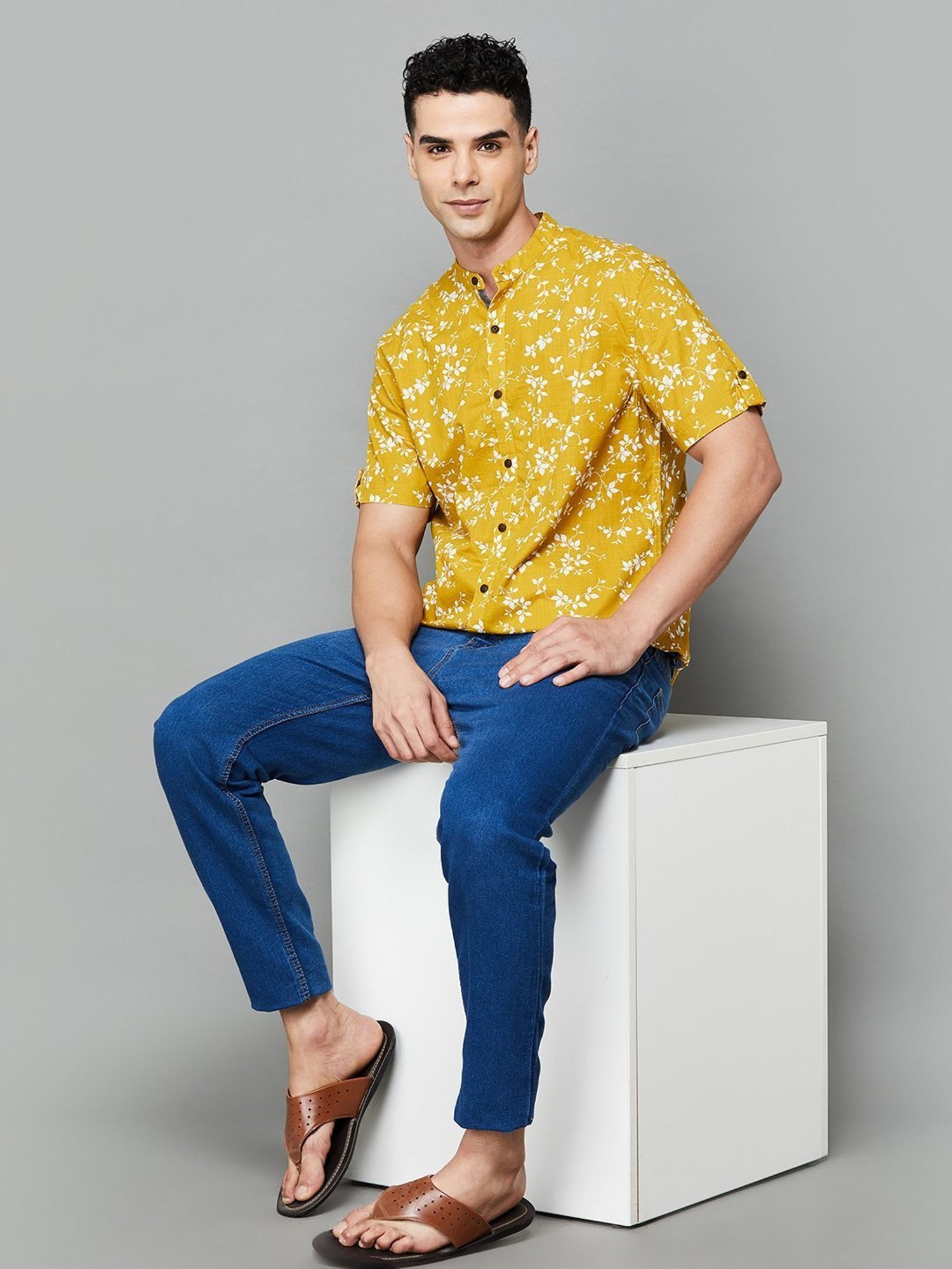 Melange By Lifestyle Mustard Cotton Regular Fit Printed Shirt