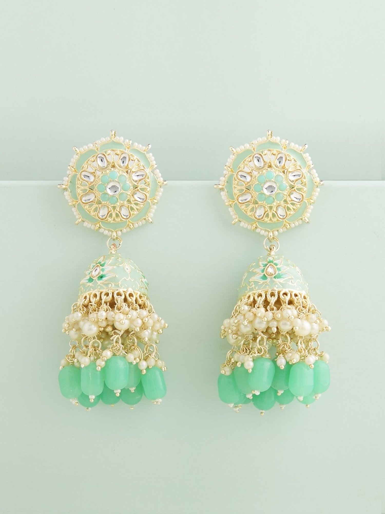 Zaveri Pearls Green Meenakari Floral Design Kundan Jhumki Earrings - ZPFK13186