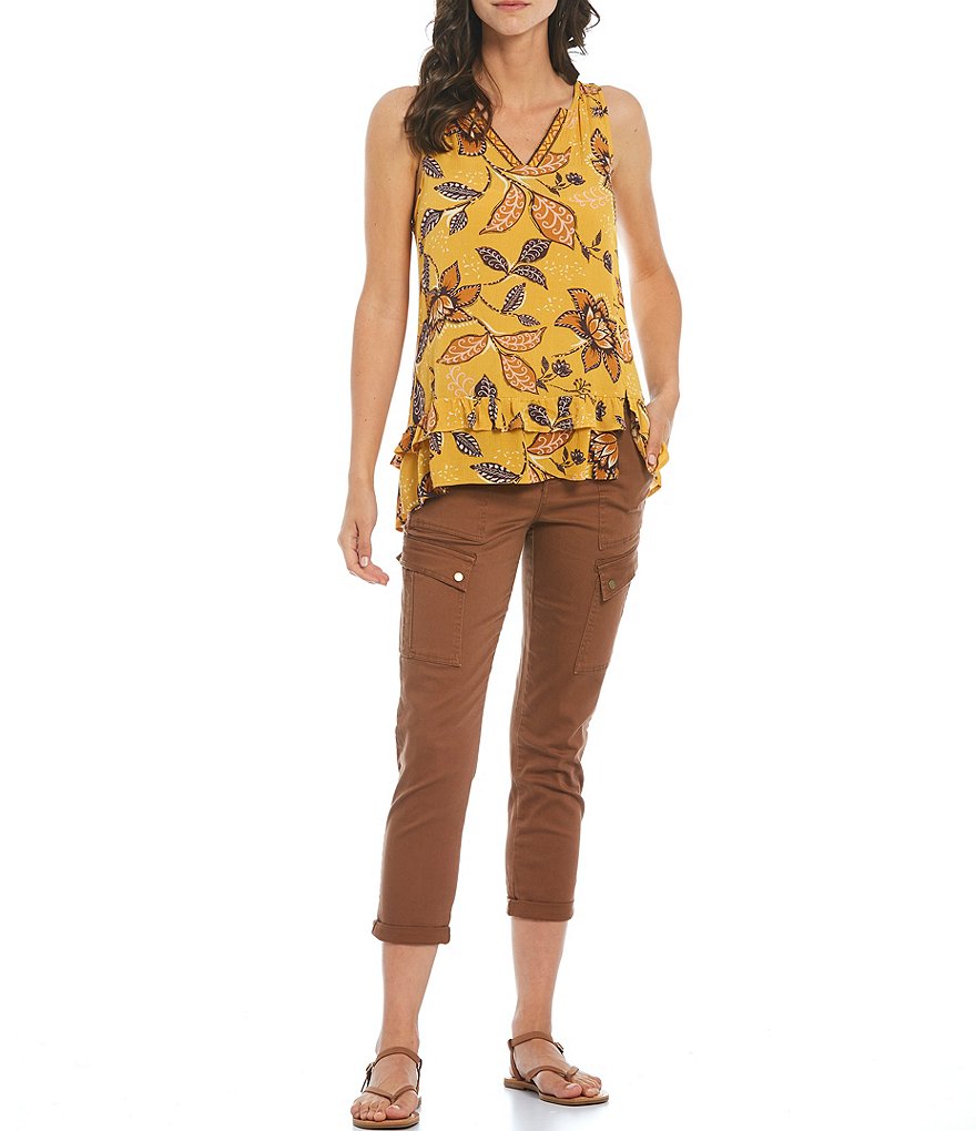 Democracy Embroidered Notch Neckline Floral Print Tiered Ruffle Hem Woven Tank