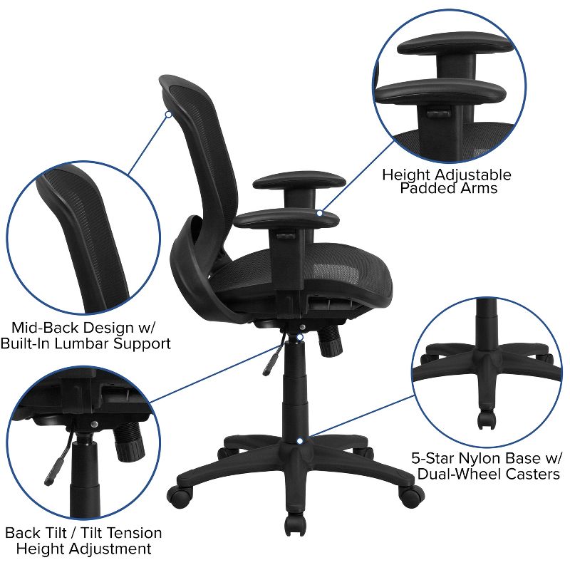 Emma and Oliver Mid-Back Transparent Black Mesh Swivel Office Chair with Adjustable Arms