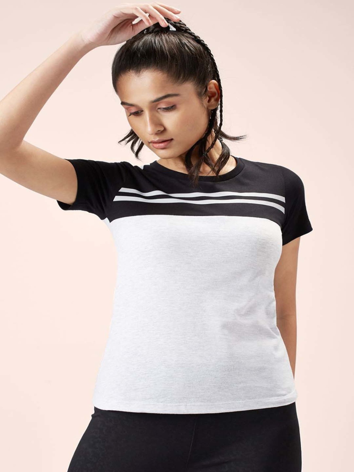 Ajile by Pantaloons White & Black Cotton Color-Block Sports T-Shirt