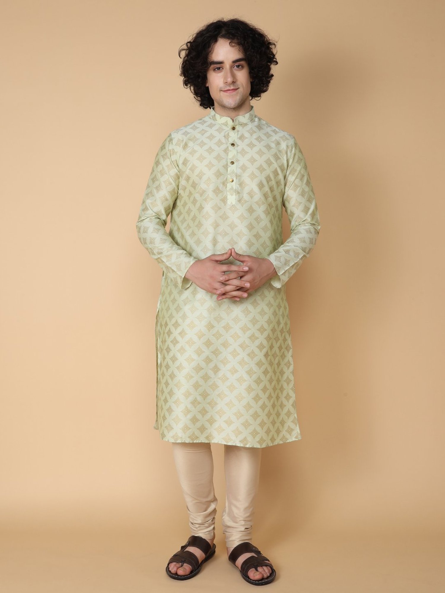 TABARD Light Green & Beige Regular Fit Printed Kurta & Pyjamas Set