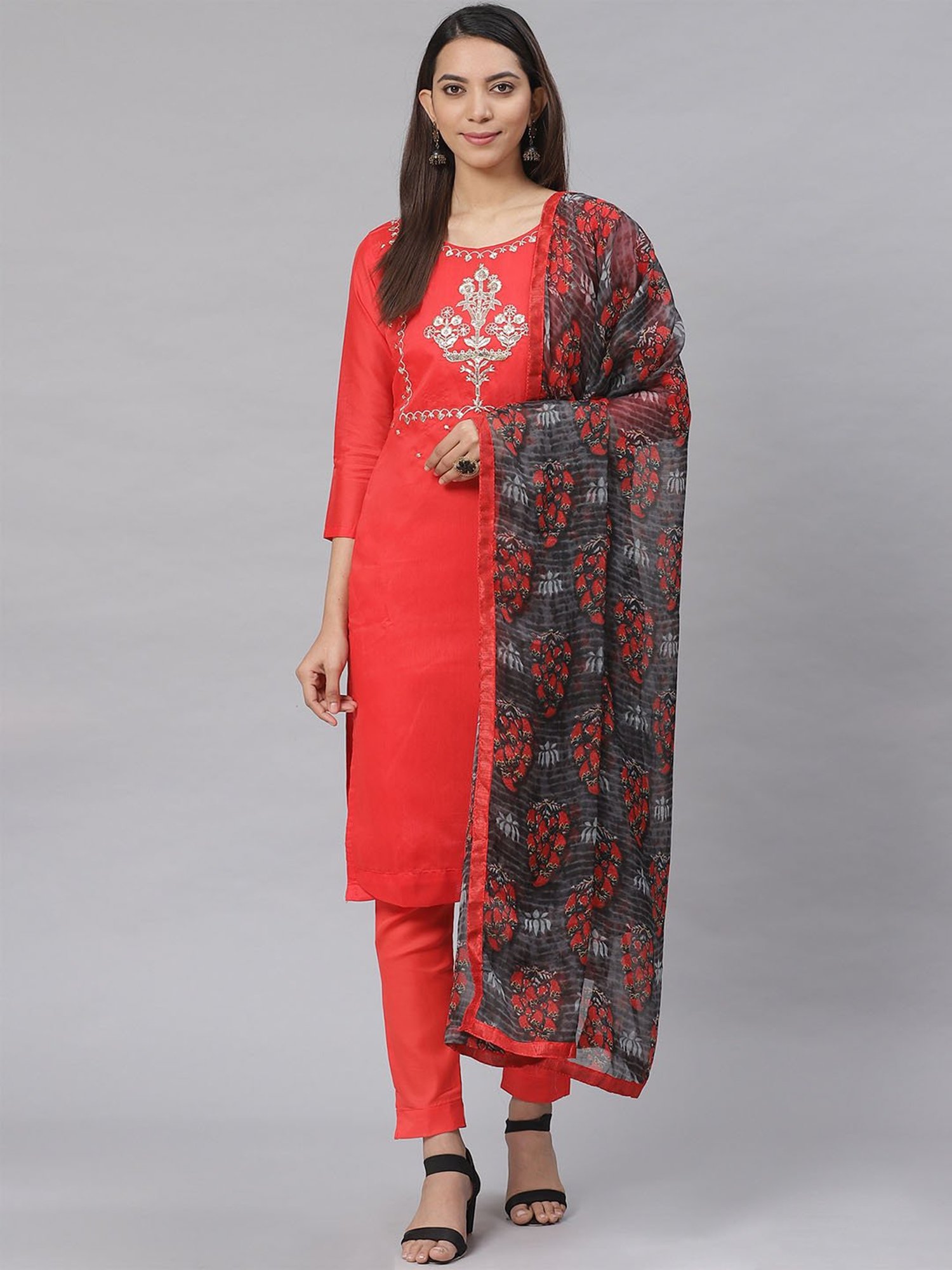 Saree Mall Red Embroidered Unstitched Dress Material