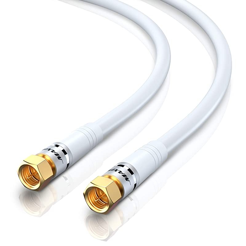 Cable RG6 (75feet, White) Quad Shield Straight Male F-Type Connector with 2 Way Splitter, Couplers, Nail Cable Clips