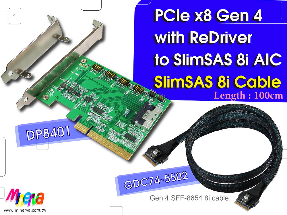 PCIe x8 Gen 4 with ReDriver to SlimSAS 8i Adapter + SlimSAS 8i cable,100cm KIT for AMD EPYC 7002 Series