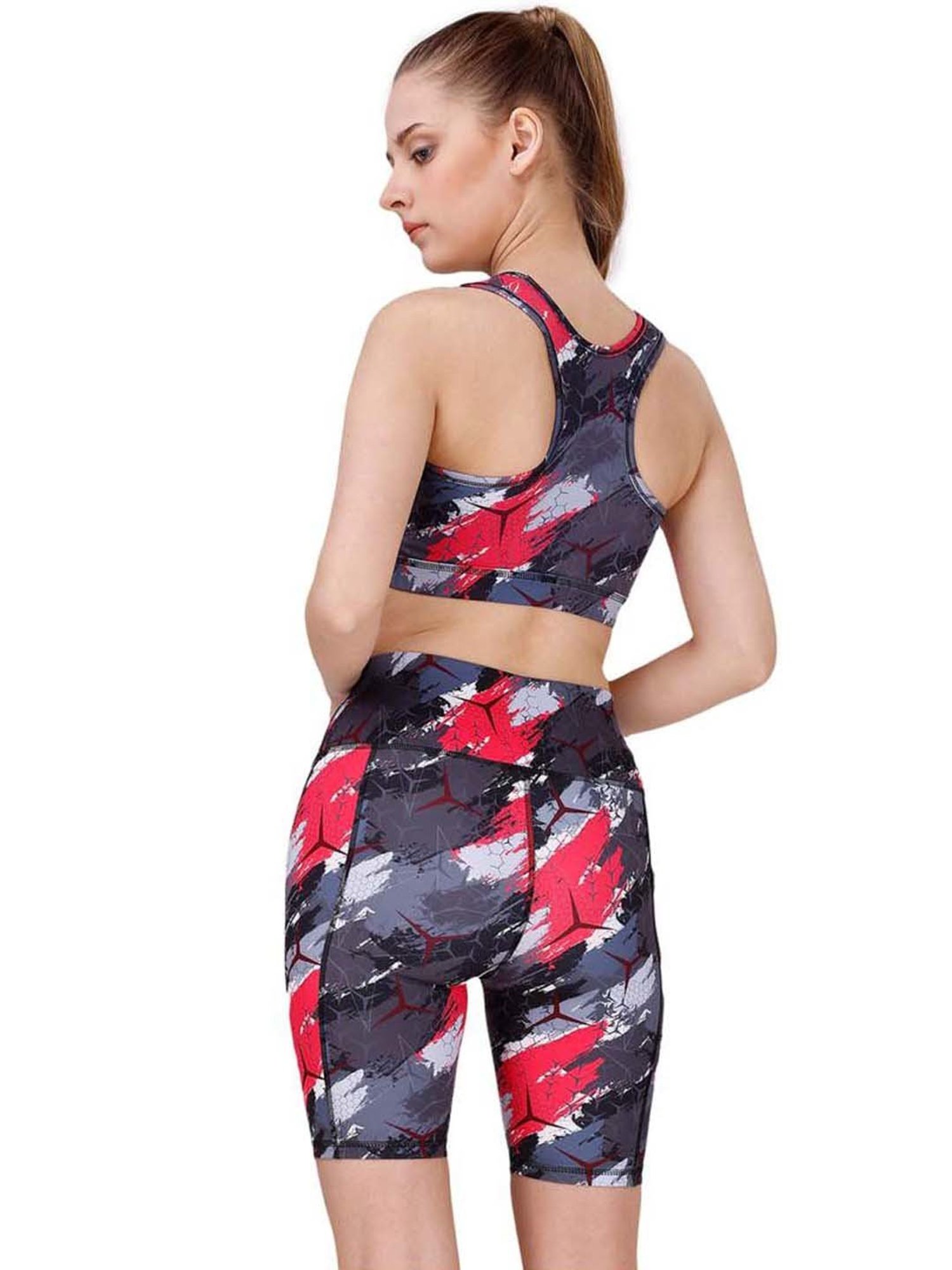 Soie Grey & Red Printed Sports Bra Shorts Set
