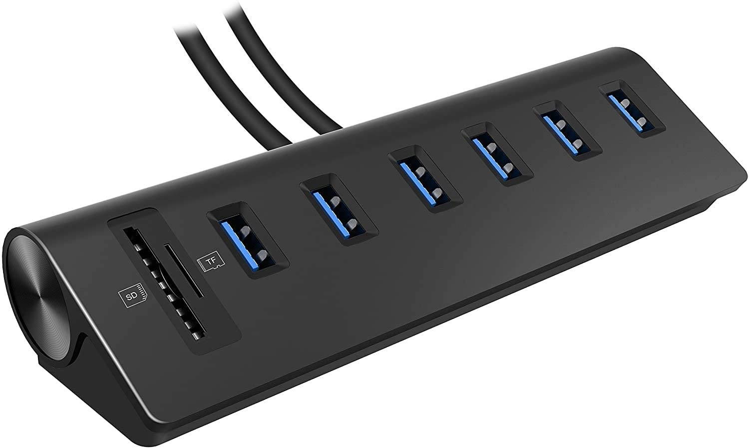 Cateck USB 3.0 Hub, Aluminum Hub with 6 USB 3.0 Ports+SD/TF Card Solts+5V/4A High Capacity Power Supply for Mac, Mac Book Air, Mac Pro,Mac Book Pro, Mac Book, Mac Mini, PCs and Laptops (Black)