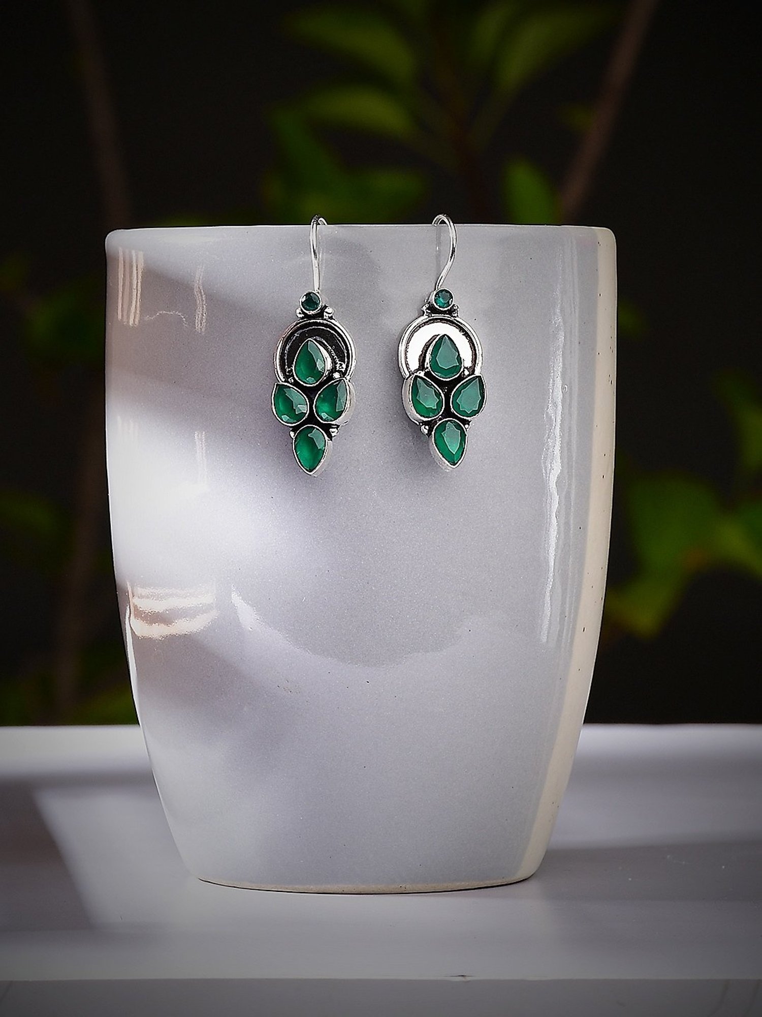 Imli Street Green Silver Tone Stone-Studded Handcrafted Dangler Earrings