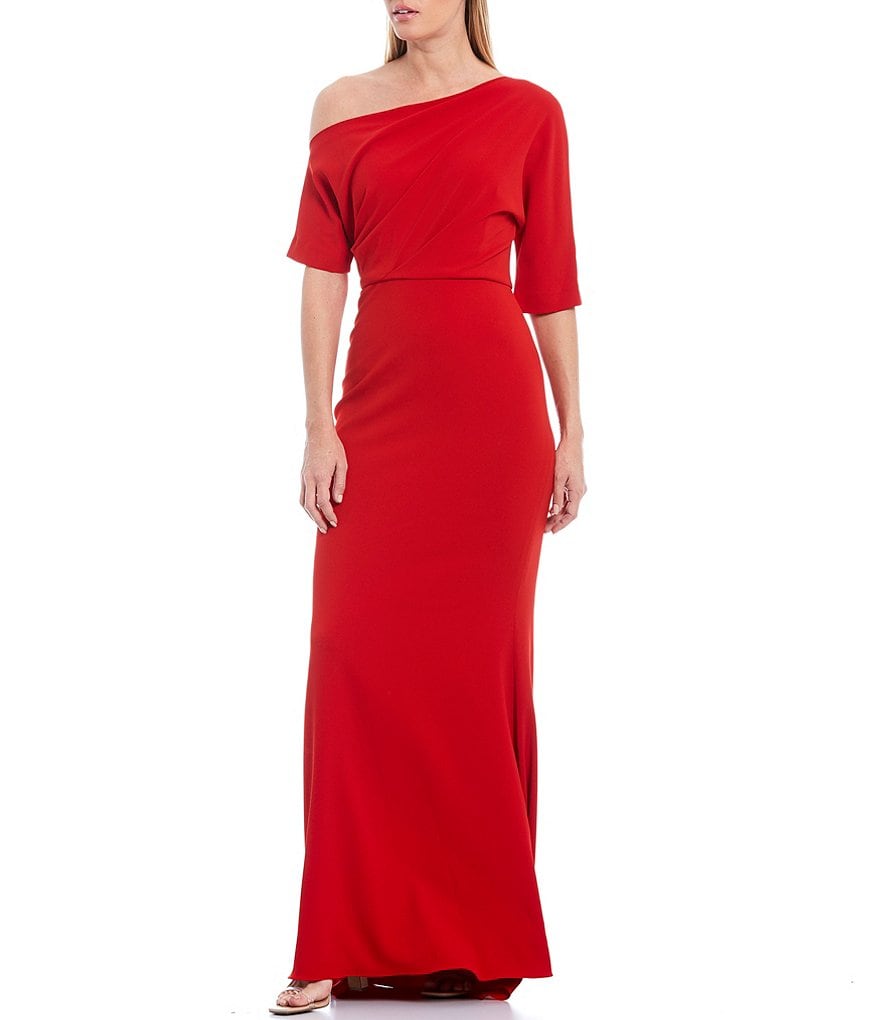 Badgley Mischka One Shoulder Short Sleeve Odessa Crepe Gown