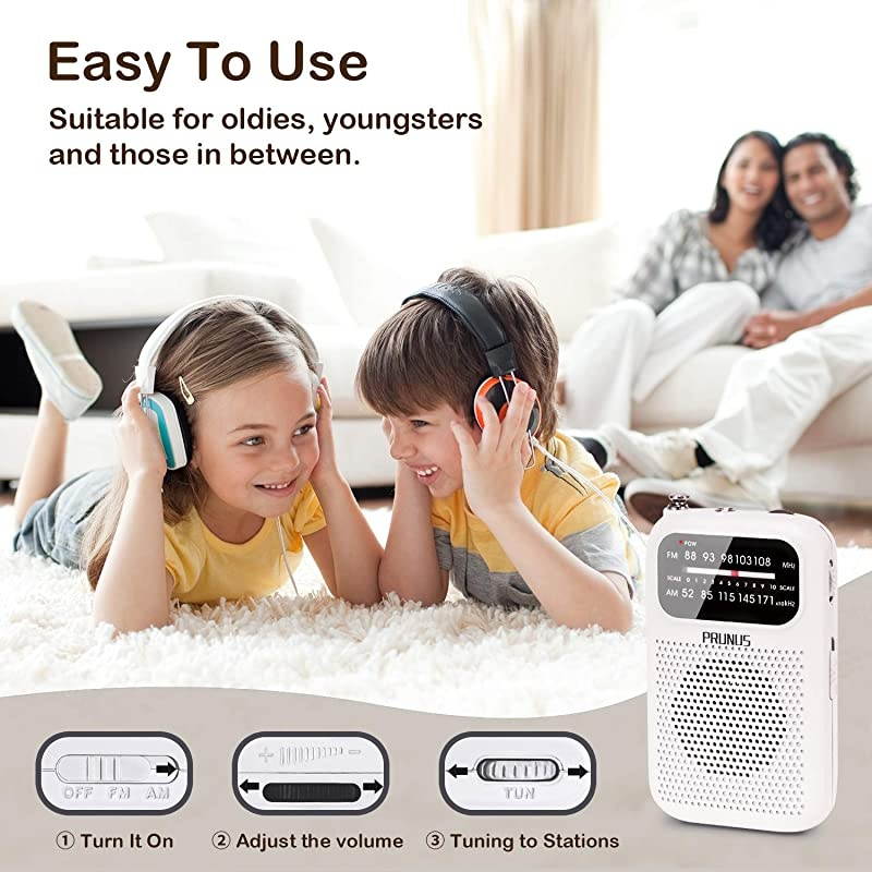 J777 Portable Pocket Radio AM FM Transistor Radio Battery Operated Stereo Headphones Jack Excellent Reception by White
