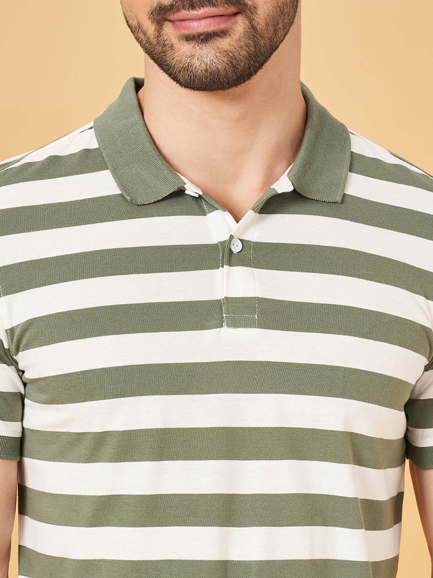 Byford By Pantaloons Olive Slim Fit Striped Polo T-Shirt