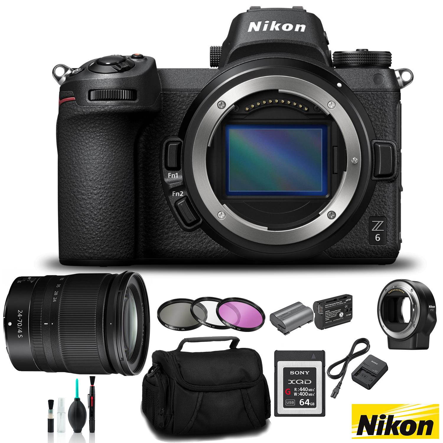 Nikon Z 6 Mirrorless FX-Format Digital Camera with 24-70mm Lens and FTZ Mount Adapter Kit - Bundle64GB Memory Card  + EN-EL15 Li-on Battery + External Rapid Charger  and MORE- Intl Model