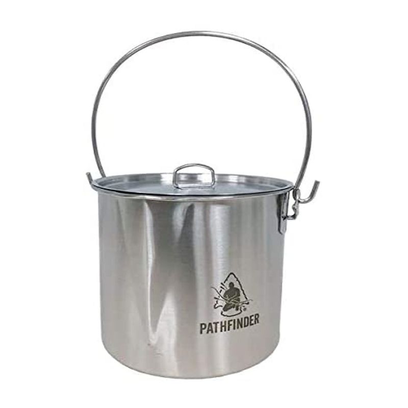 Pathfinder Stainless Steel 64 Ounce Durable Fire Ready Bush Pot and Lid w/ Cool Wing Handle, Pour Spout, and Heavy Duty D Ring for Camping and Hiking