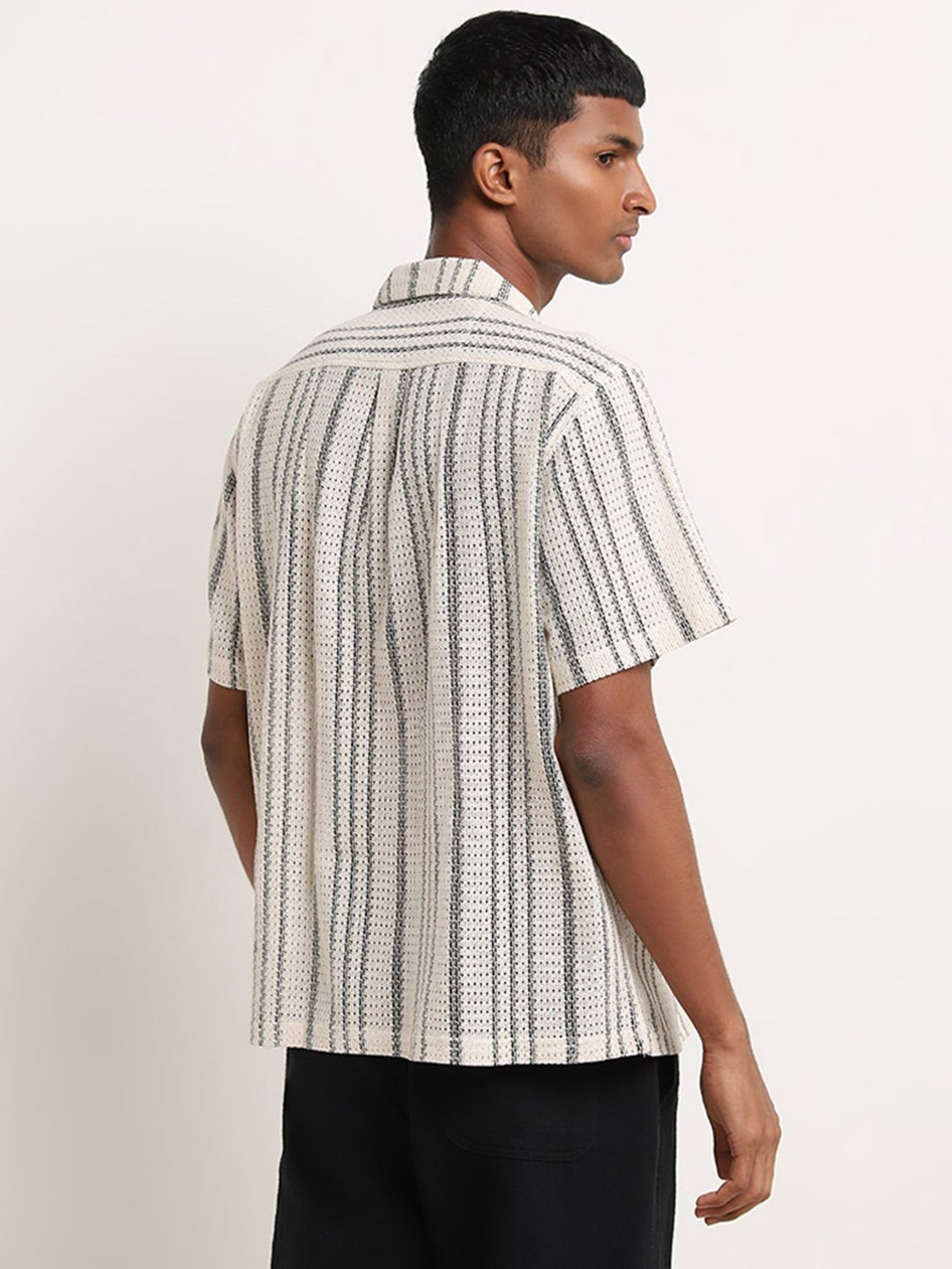 ETA by Westside Beige Striped Textured Relaxed-Fit Cotton Blend Shirt