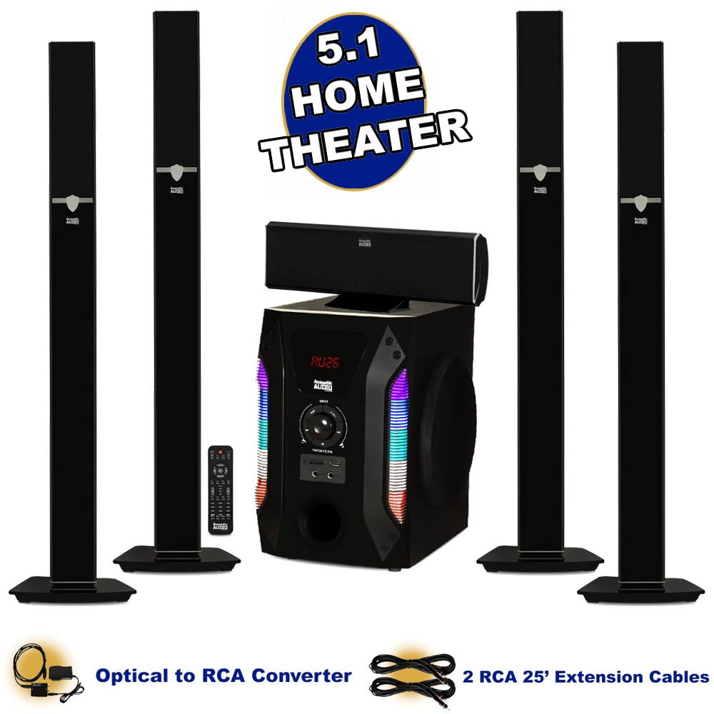 Acoustic Audio AAT1003 Bluetooth Tower 5.1 Speaker System with Optical Input and 2 Extension Cables