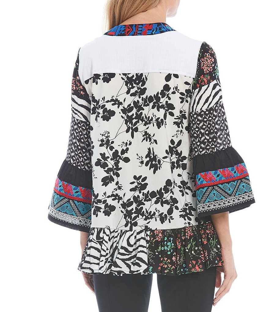 Calessa Petite Size 3/4 Bell Cuff Sleeve Split Round Neck Abstract Floral Multi Print Tunic