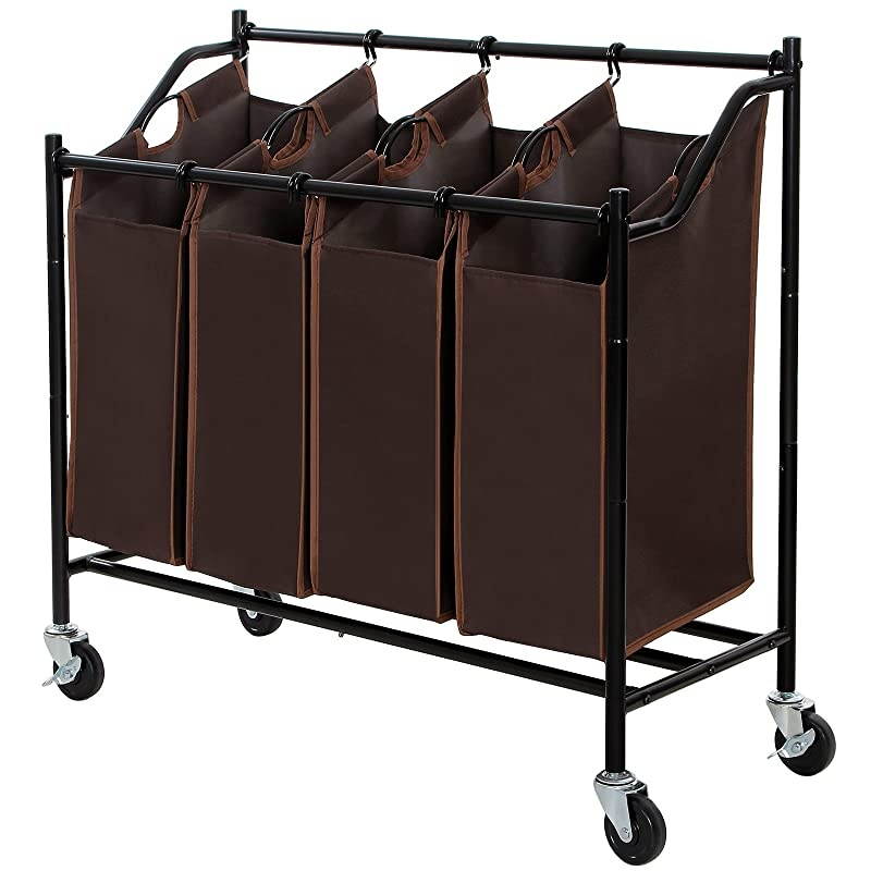 Rolling Laundry Cart Sorter Basket Hamper, with 4 Removable Bags, Casters and Brakes, Brown