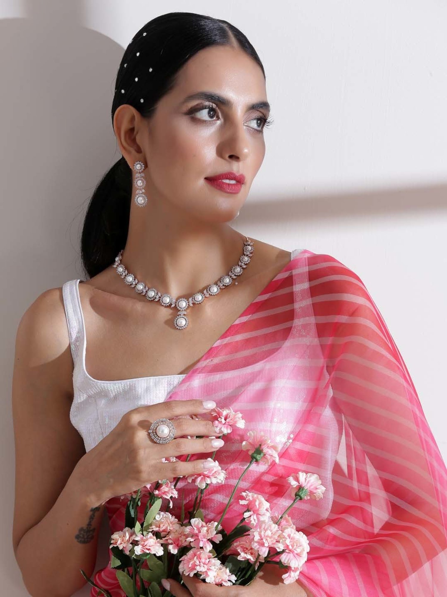 Swtantra Pink Organza Striped Saree