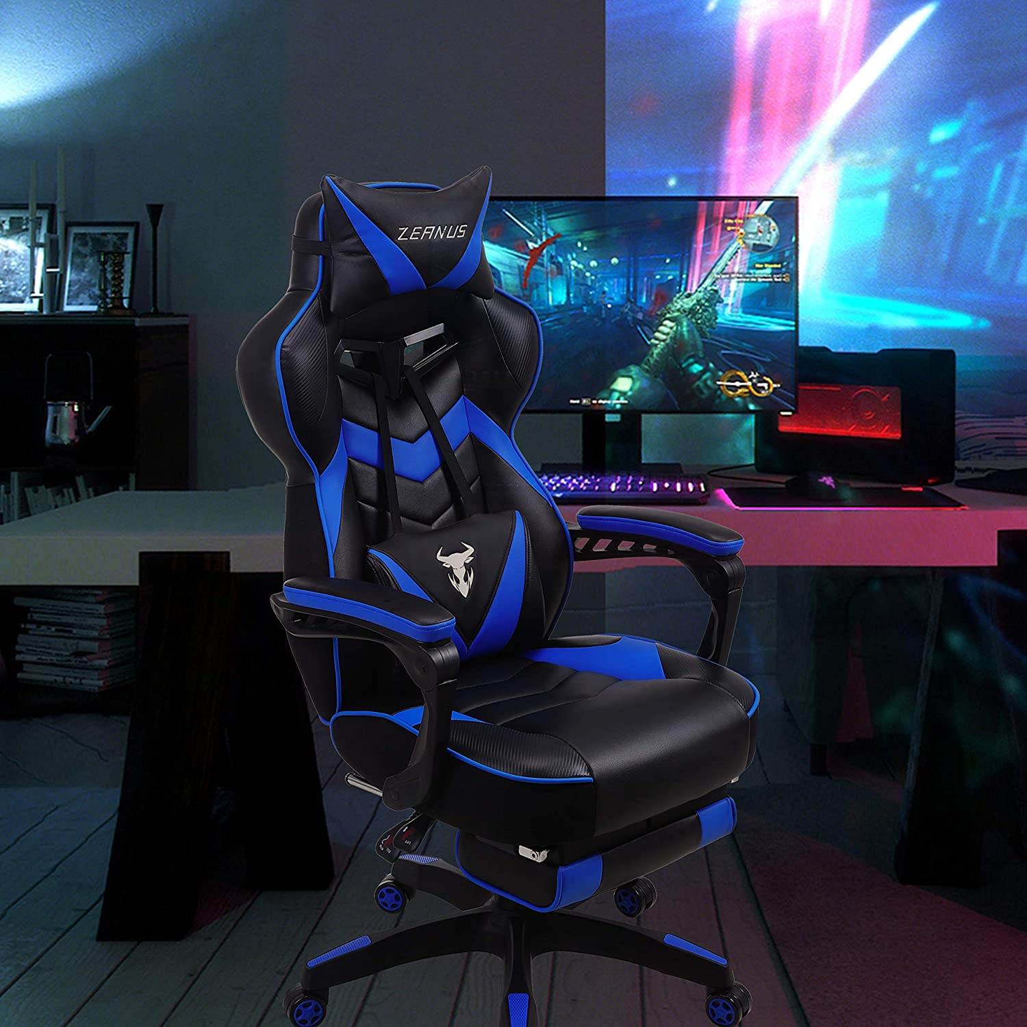 Zeanus Gaming Chair for Adults Green, Gaming Chair with Footrest, Massage Computer Gaming Chair, Reclining Gaming Desk Chair, Big and Tall Video Gaming Chair, Racing Style Chair, E-Sports Gamer Chair