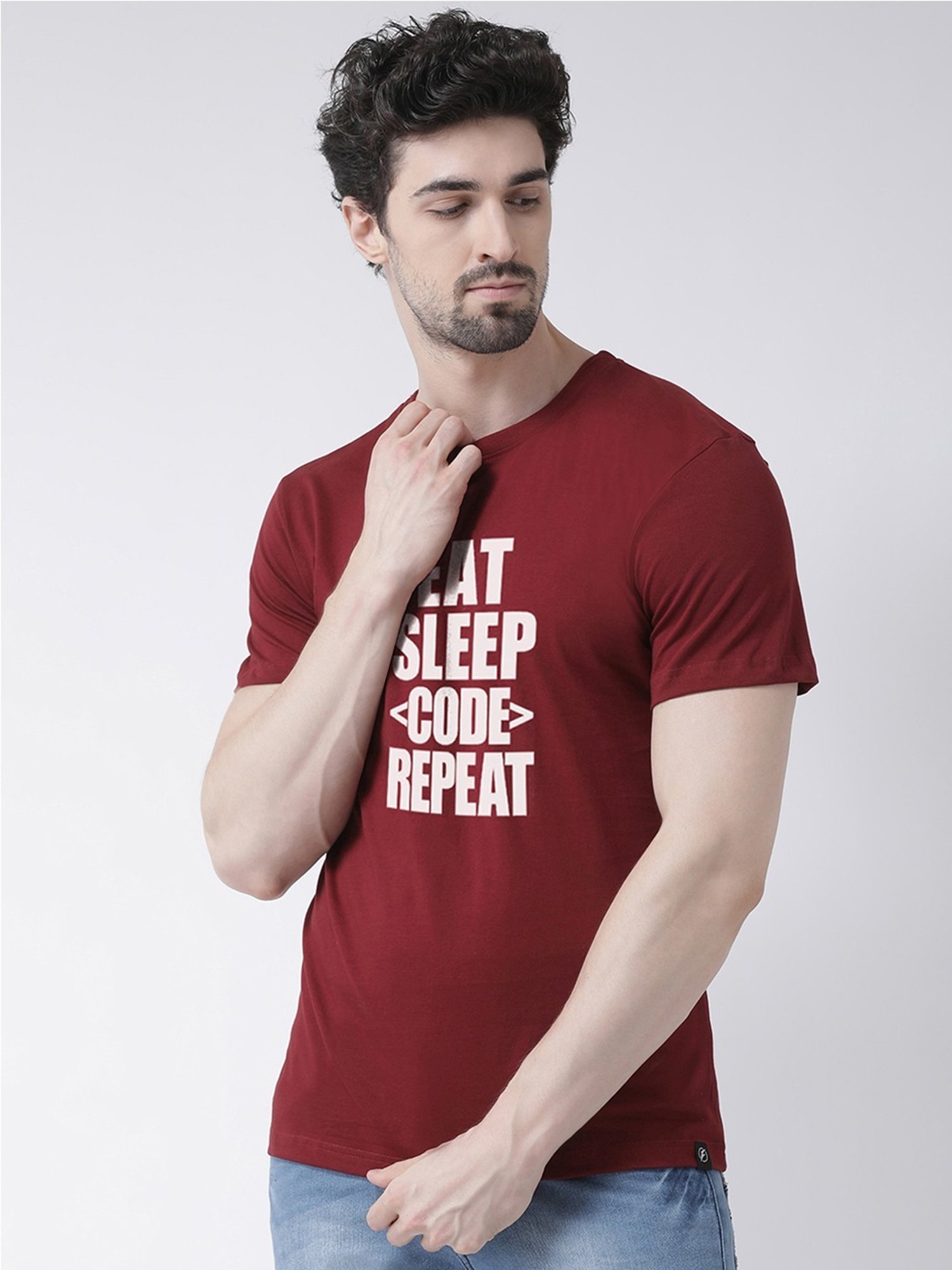 Friskers Maroon Cotton Slim Fit Printed T-Shirt
