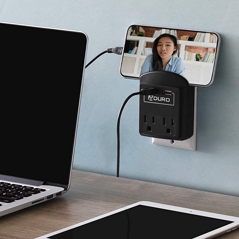 Surge Protector 2 Outlets Power Strip Station with 2 USB Ports Multiple Outlet Splitter Extender Adapter with Phone Shelf Stand ETL Listed Black