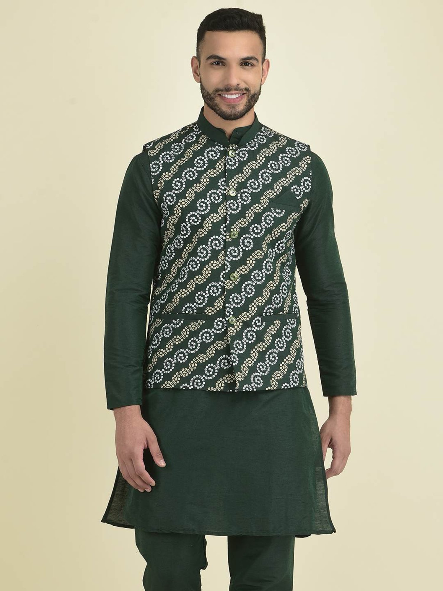 Deyann Deep Green Regular Fit Printed Kurta Set With Jacket