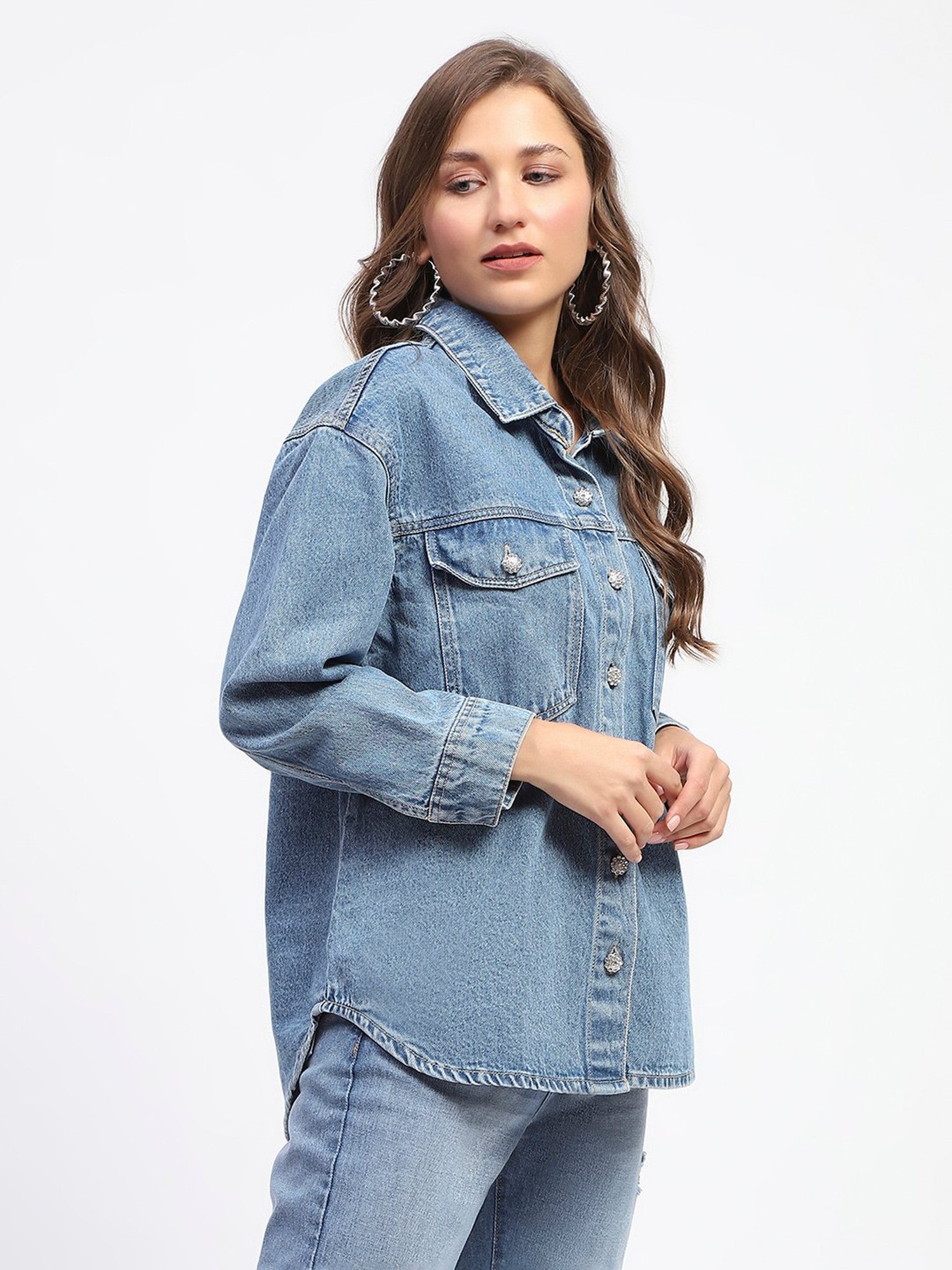 MADAME Blue Cotton Regular Fit Denim Jacket