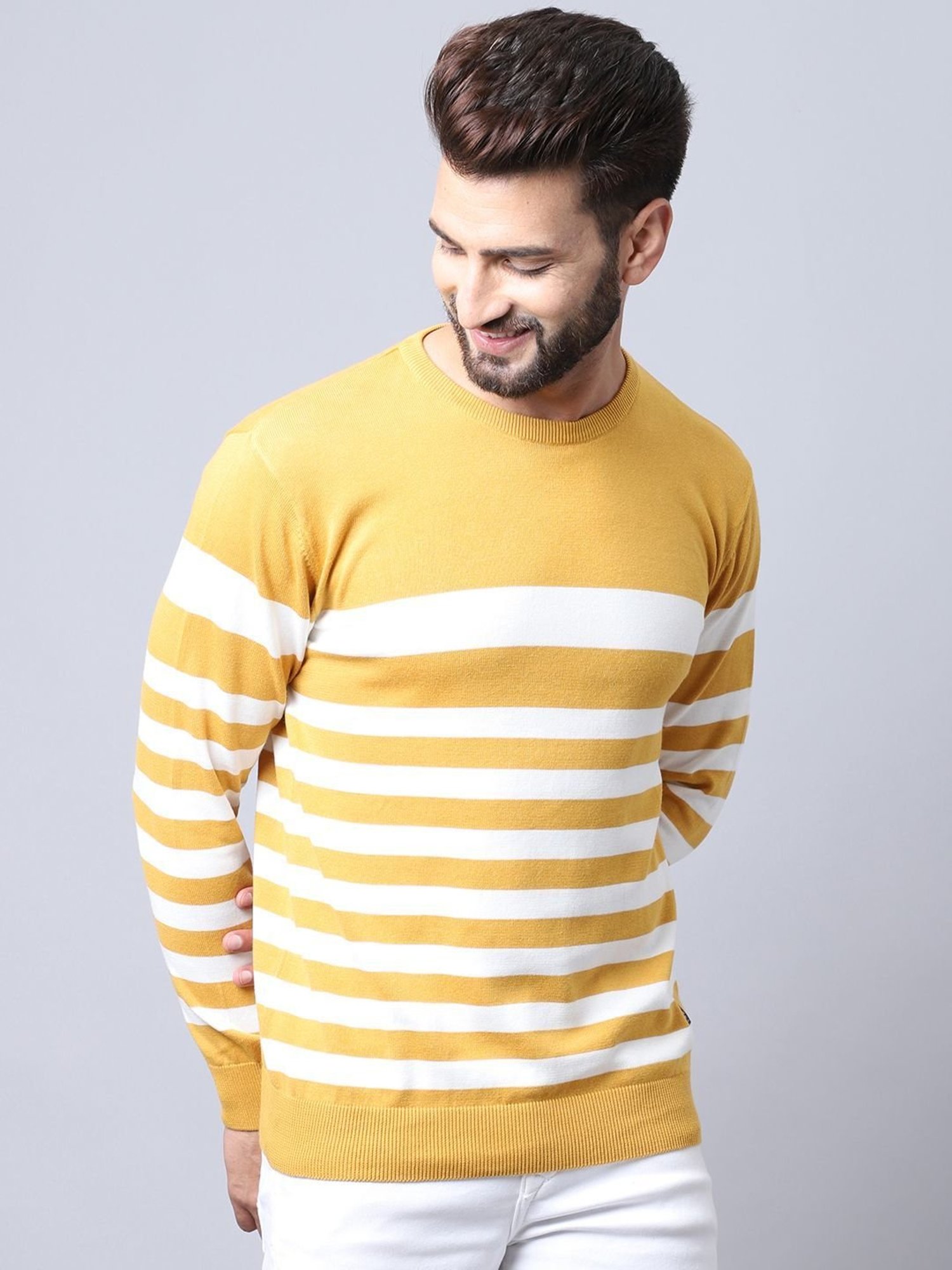 Cantabil Mustard Regular Fit Striped Sweater
