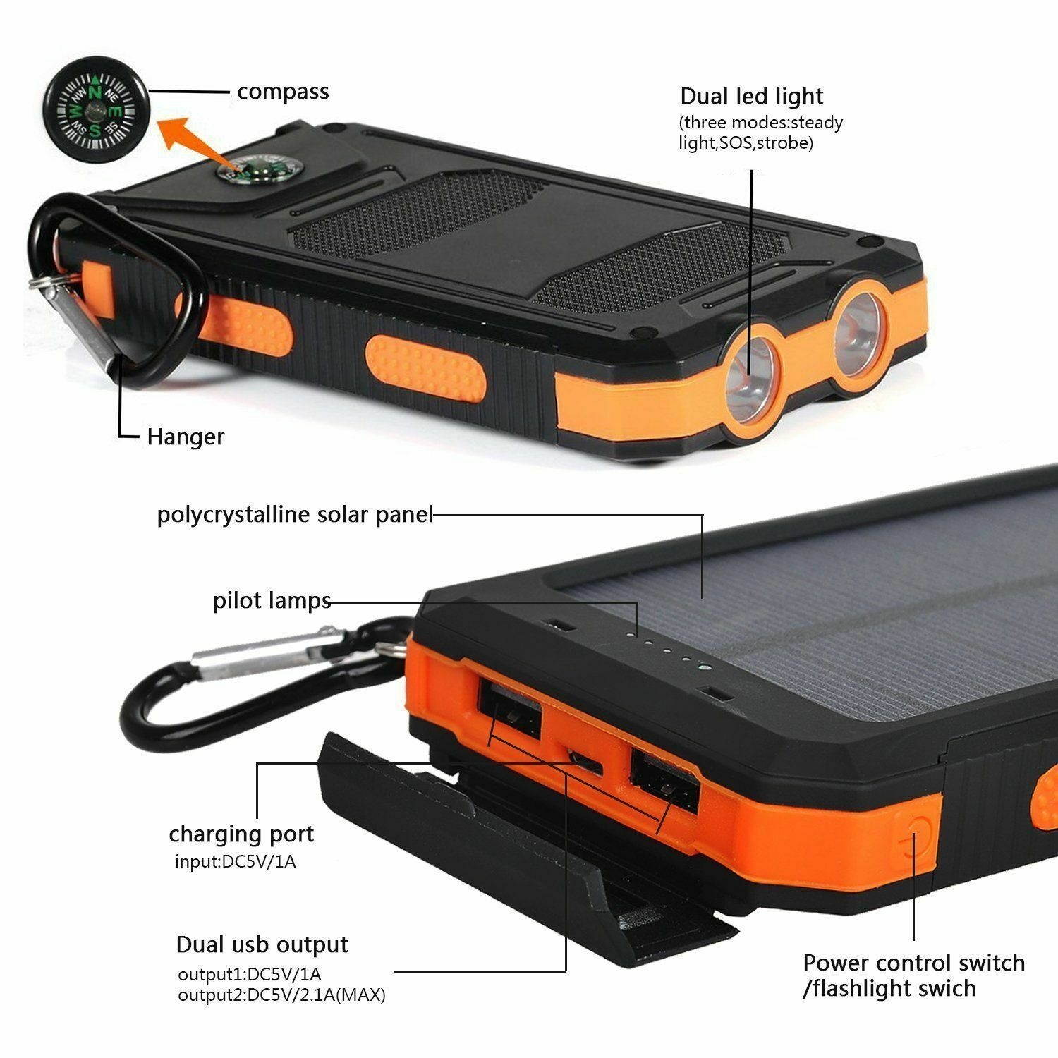 2021 Waterproof Solar Power Bank 900000mAh Portable External Battery Charger US