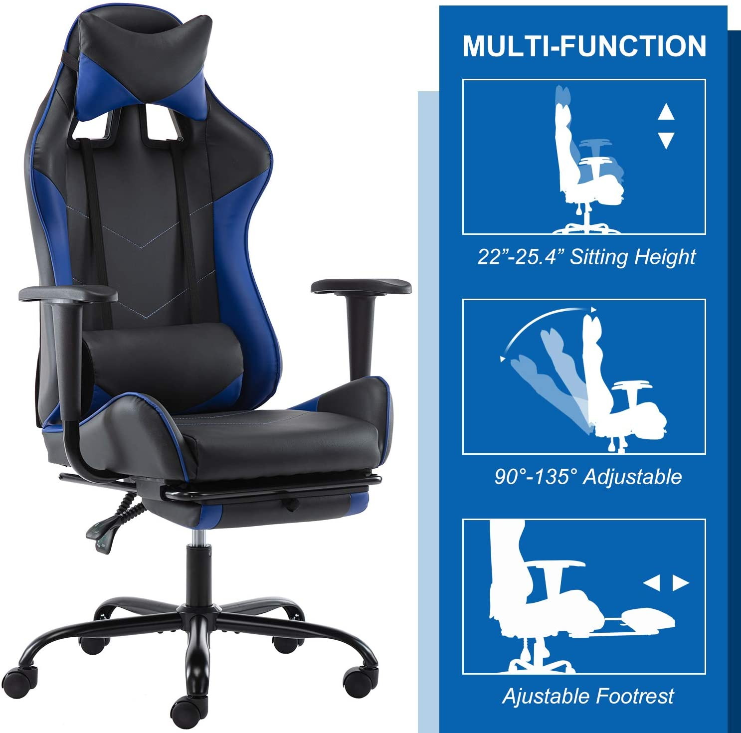 SMUGDESK Gaming Chair with Footrest Racing Style Recliner with Lumbar Support, Ergonomic Office Armchair for Computer PU Leather High Back Desk Chair Headrest Swivel Rocking Desk Chair, Blue