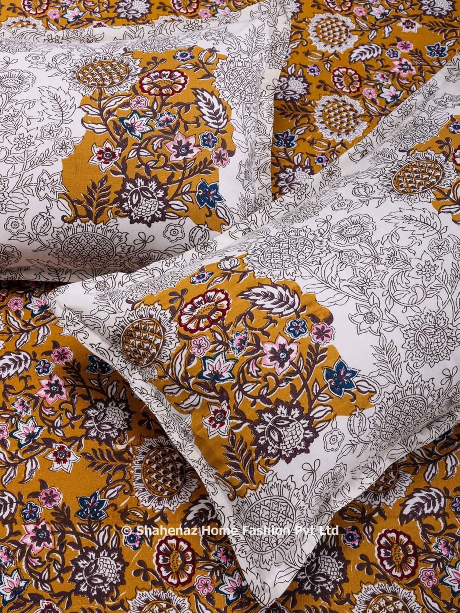 Shahenaz Mustard Yellow 120 TC Cotton Zara Flower Jaal Luxury Double Bedsheet with 2 Pillow Covers