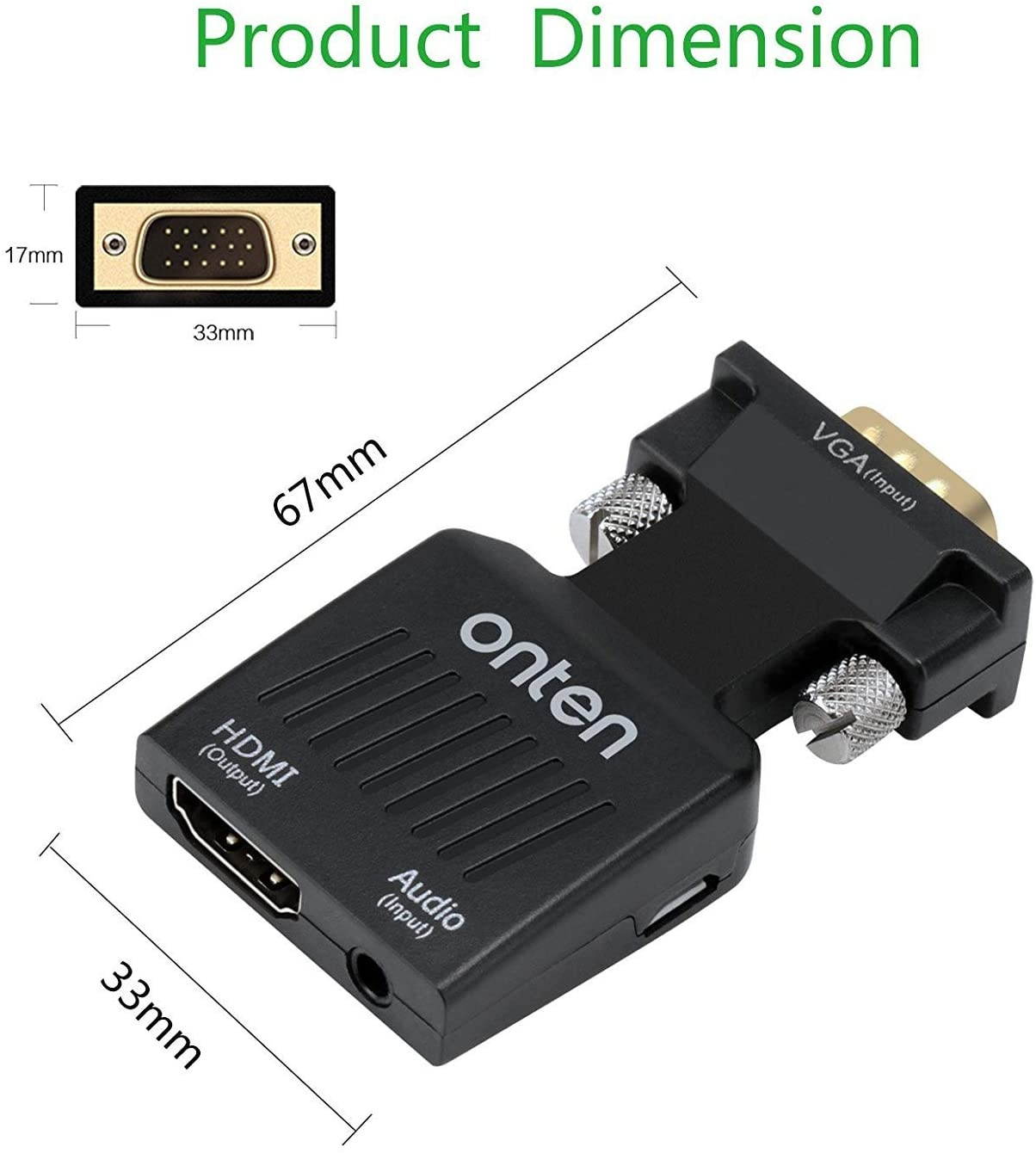 VGA to HDMI Onten 1080P VGA Male to HDMI Female Audio Video Cable Converter Adapter for Computer Desktop Laptop PC Monitor Projector HDTV Supply a Free Audio Cable and USB Cable (Black)