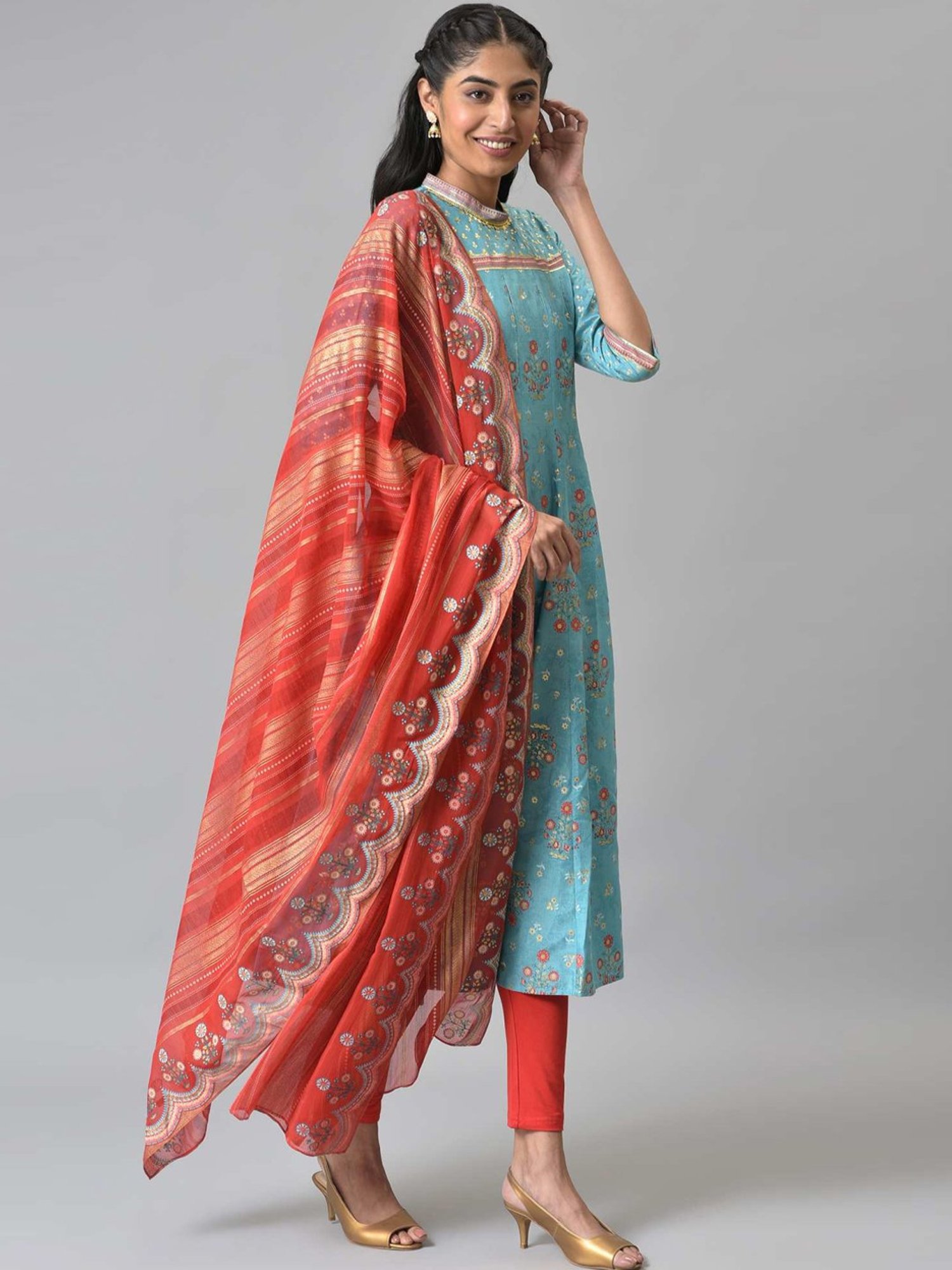 Aurelia Sky Blue & Red Printed Kurta Leggings Set With Dupatta