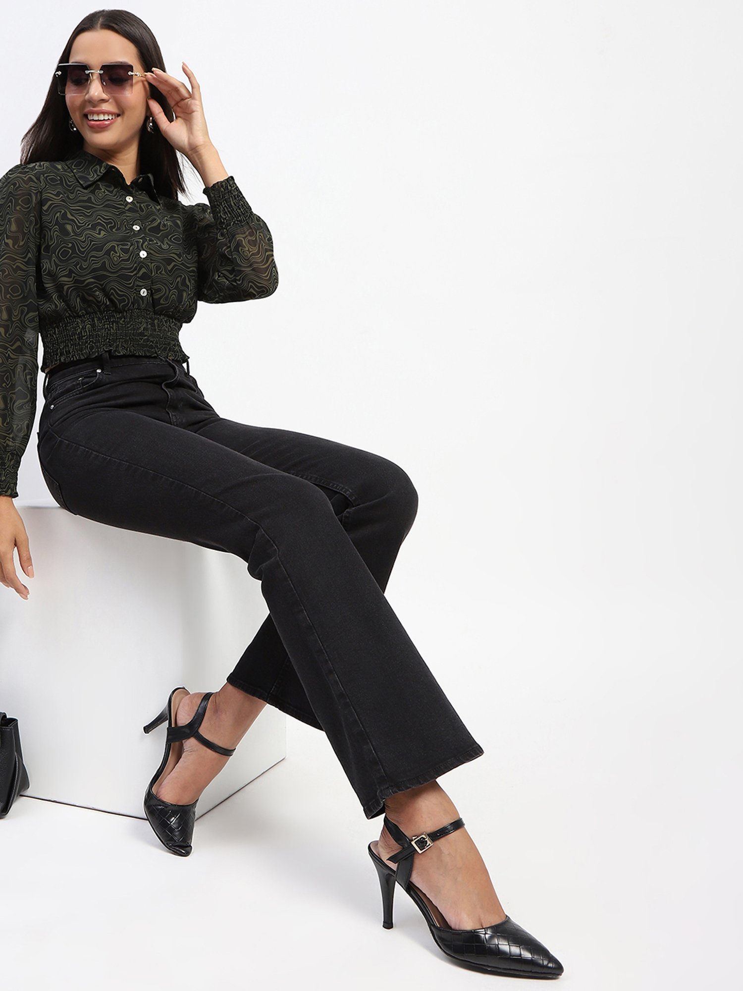 MADAME Olive & Black Printed Crop Top