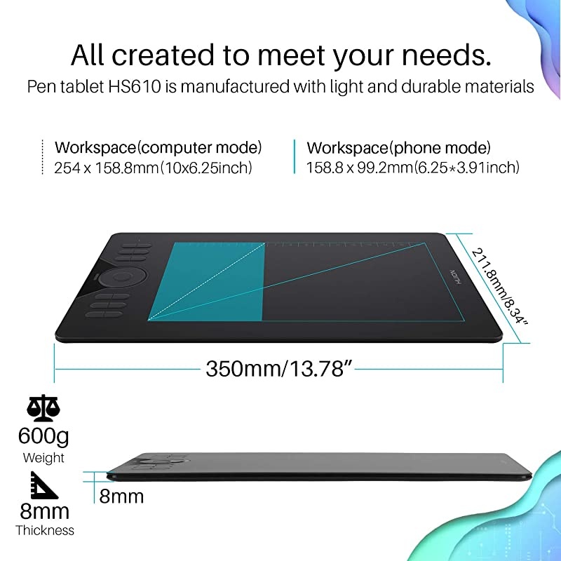 HS610 Graphics Drawing Tablet Android Devices Supported Tilt Function Battery-Free Stylus with 8192 Pen Pressure
