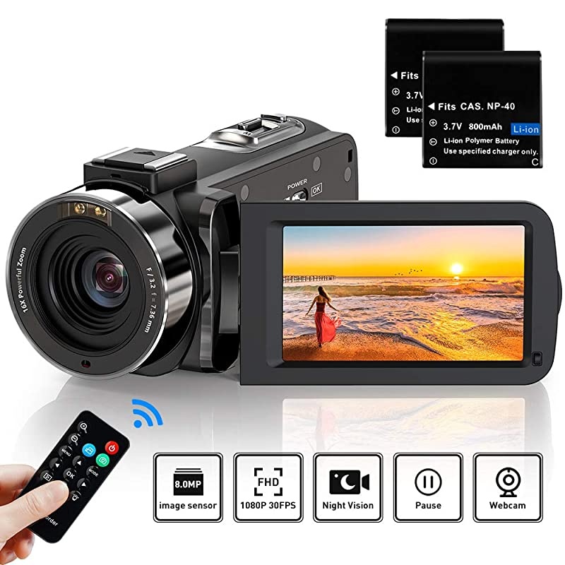 Camera Camcorder Full HD 1080P 36MP 30FPS Digital YouTube Vlogging Camera Recorder with Night Vision 3.0 Inch 270 Degree Rotation IPS Screen 16X Zoom Remote Control, 2 Batteries