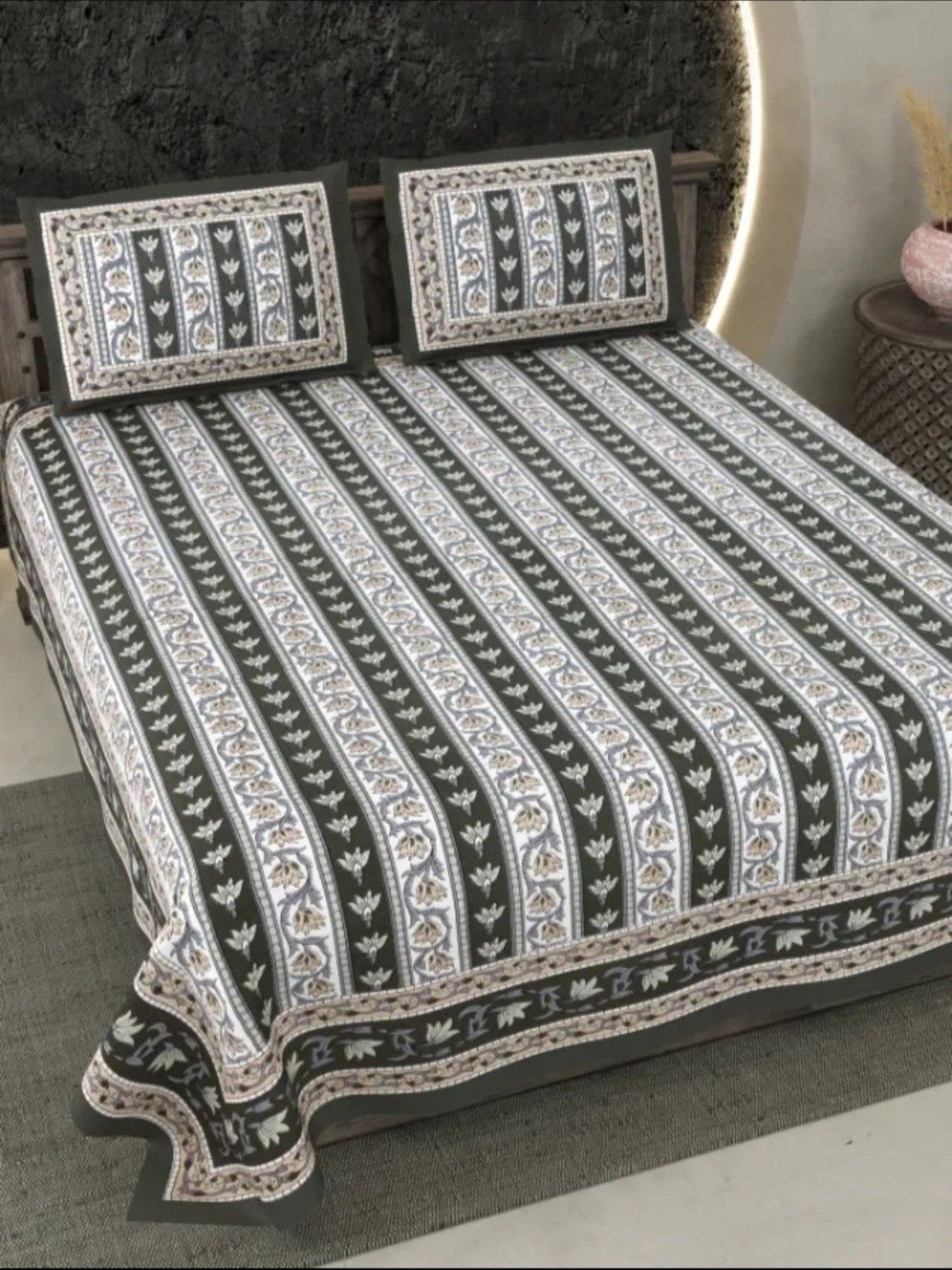 Living Roots Floral Grey 300 TC Cotton Bedsheet with 2 Pillow Covers