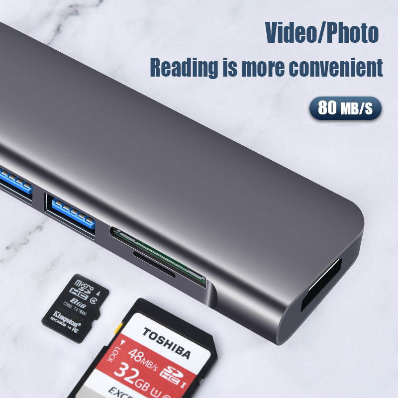 6 in 1 USB Type C HUB with to 4K@30Hz HDMI, USB 3.0 Ports, SD/TF Card Reader, Multiport Adapter Dongle for IPad MacBook Air Pro and Other Type C Laptops (Gray)