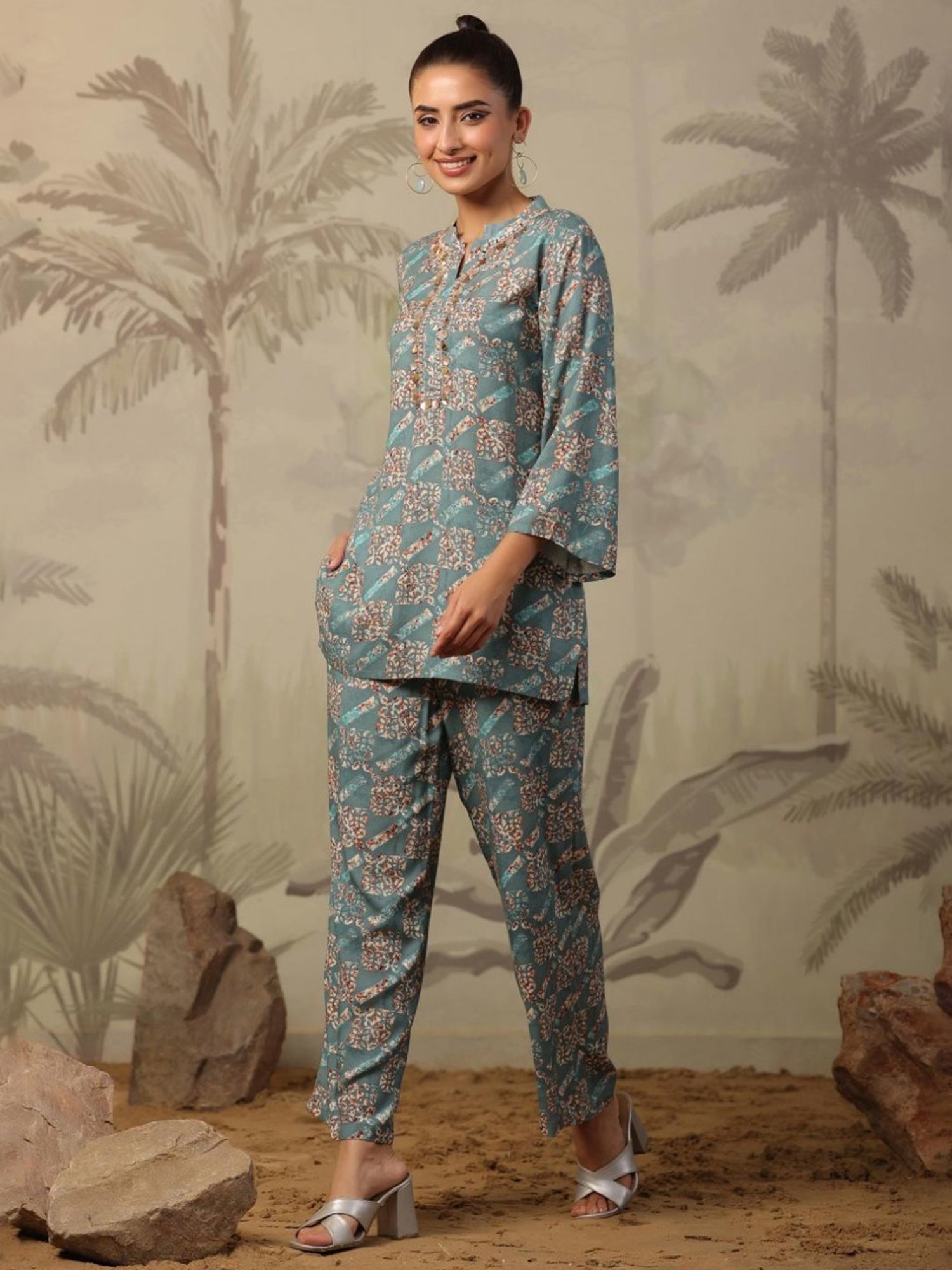 Artagai Midnight Navy Elevated Basics Co-Ord Set With Notch Collar Top And Straight Pants