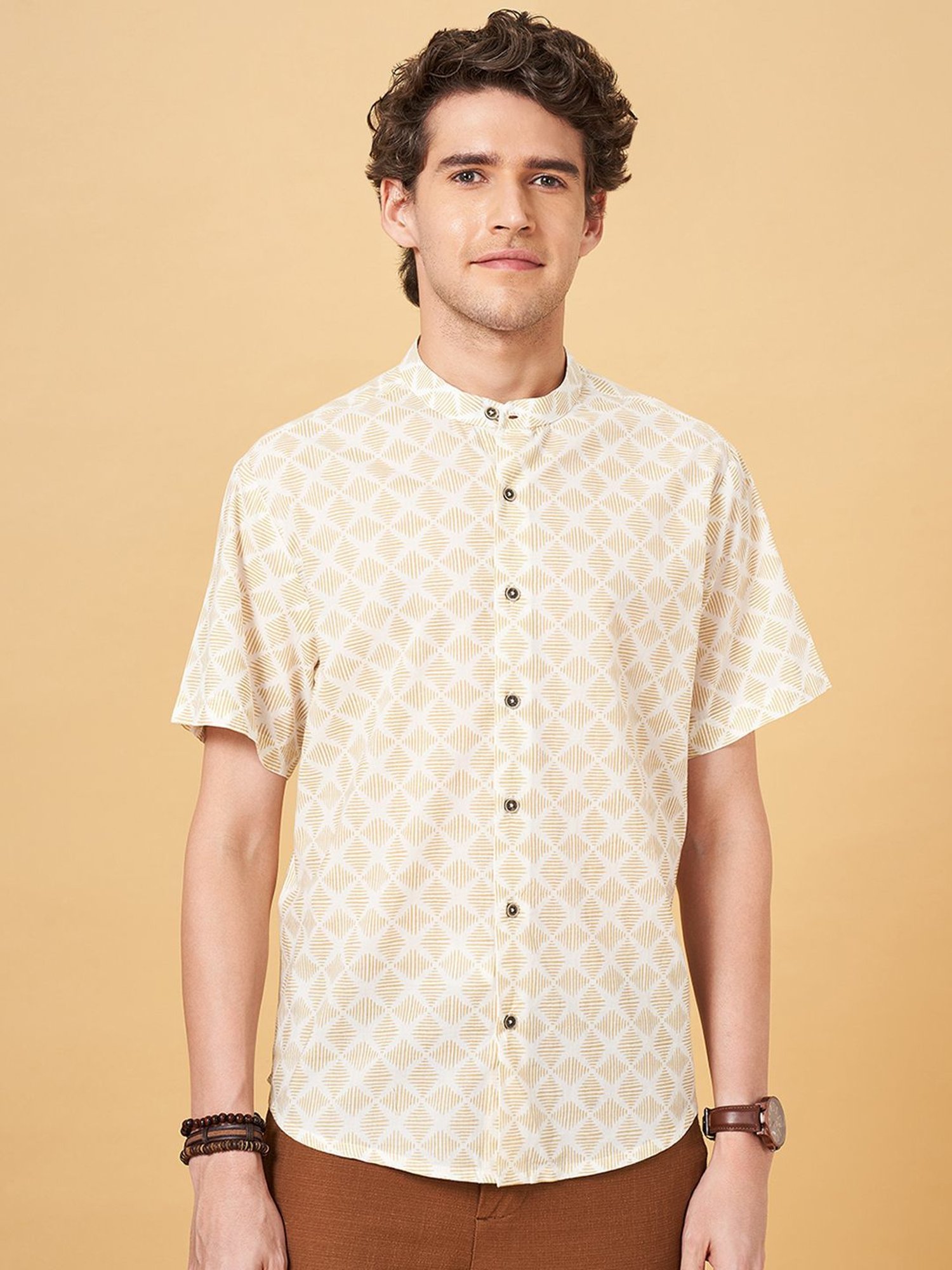 Indus Route by Pantaloons Honey Mustard Regular Fit Printed Shirt