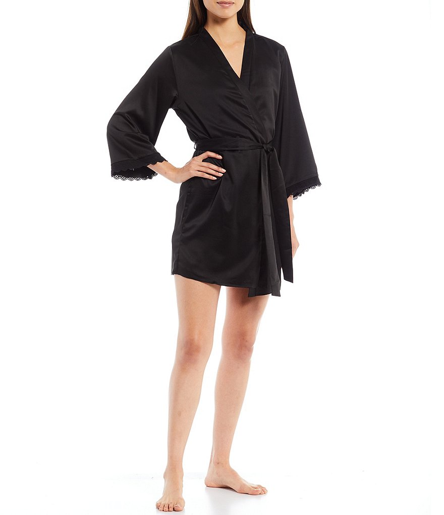 Flora Nikrooz Victoria Lace Trim 3/4 Sleeve Satin Wrap Robe