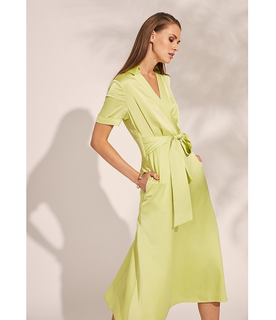 Tahari ASL Faux Wrap Short Sleeve Satin Dress