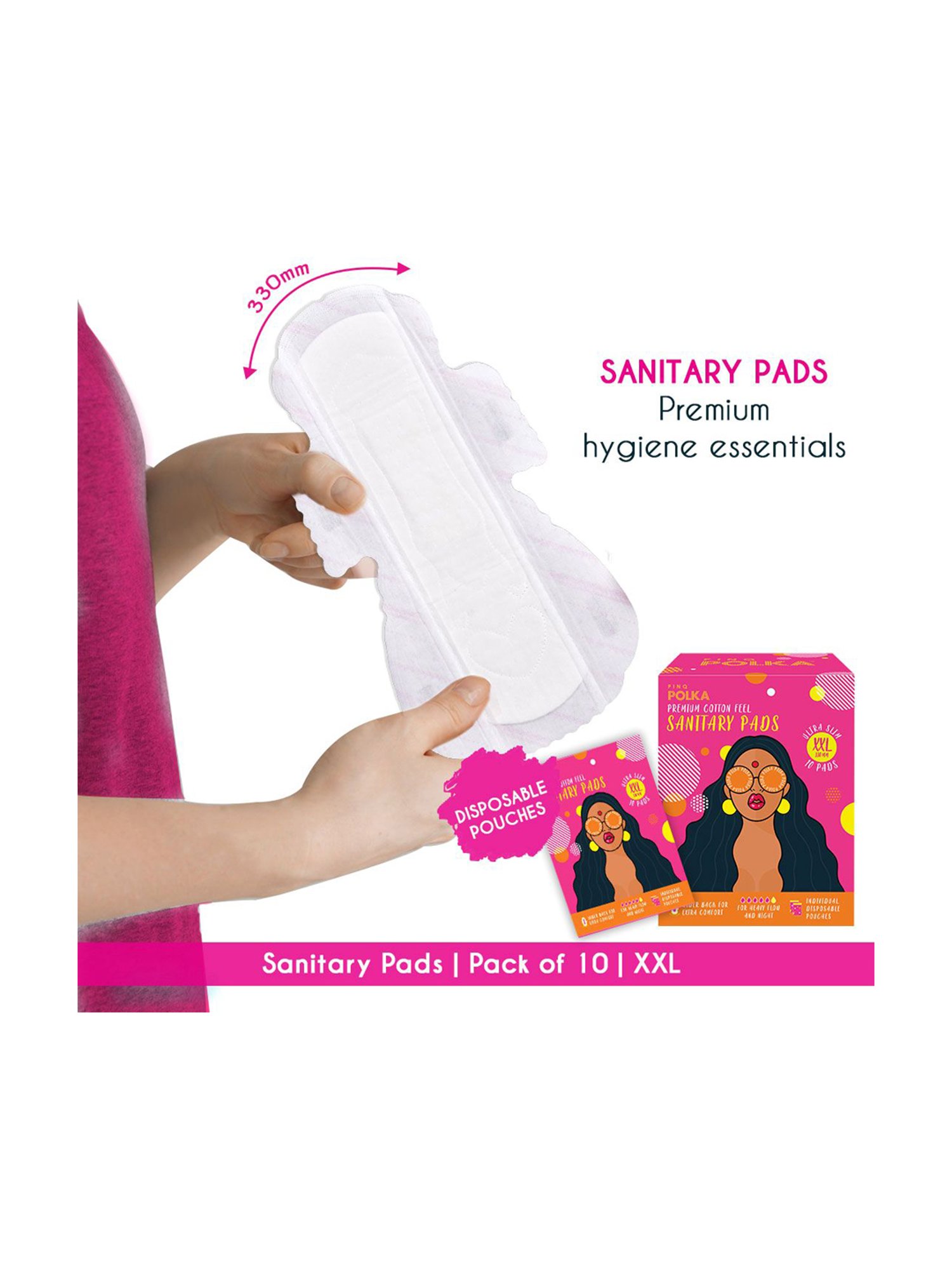 PINQ Polka Organic Cotton Ultra Sanitary Pads XXL with Disposable Biodegradable Pouch,Pack of 10