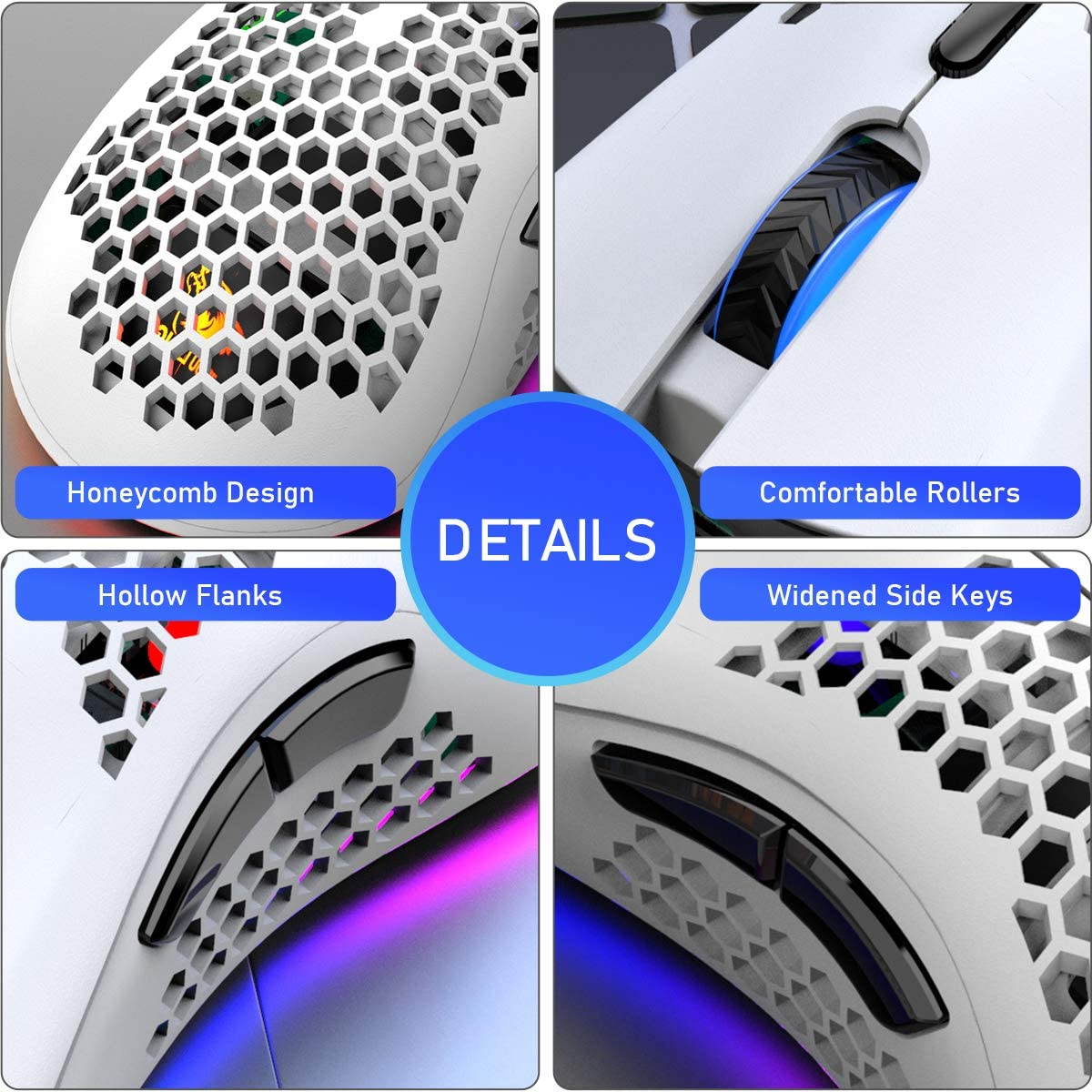 Wireless Lightweight Gaming Mouse Honeycomb with 7 Button Multi RGB Backlit Perforated Ergonomic Shell Optical Sensor Adjustable DPI Rechargeable 800 mAh Battery USB Receiver for PC Mac Gamer