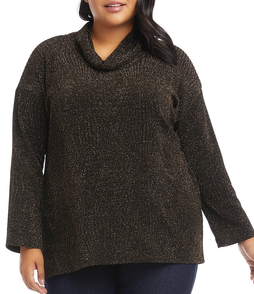 Karen Kane Plus Size Shimmering Metallic Cozy Cowl Neck Long Sleeve Top