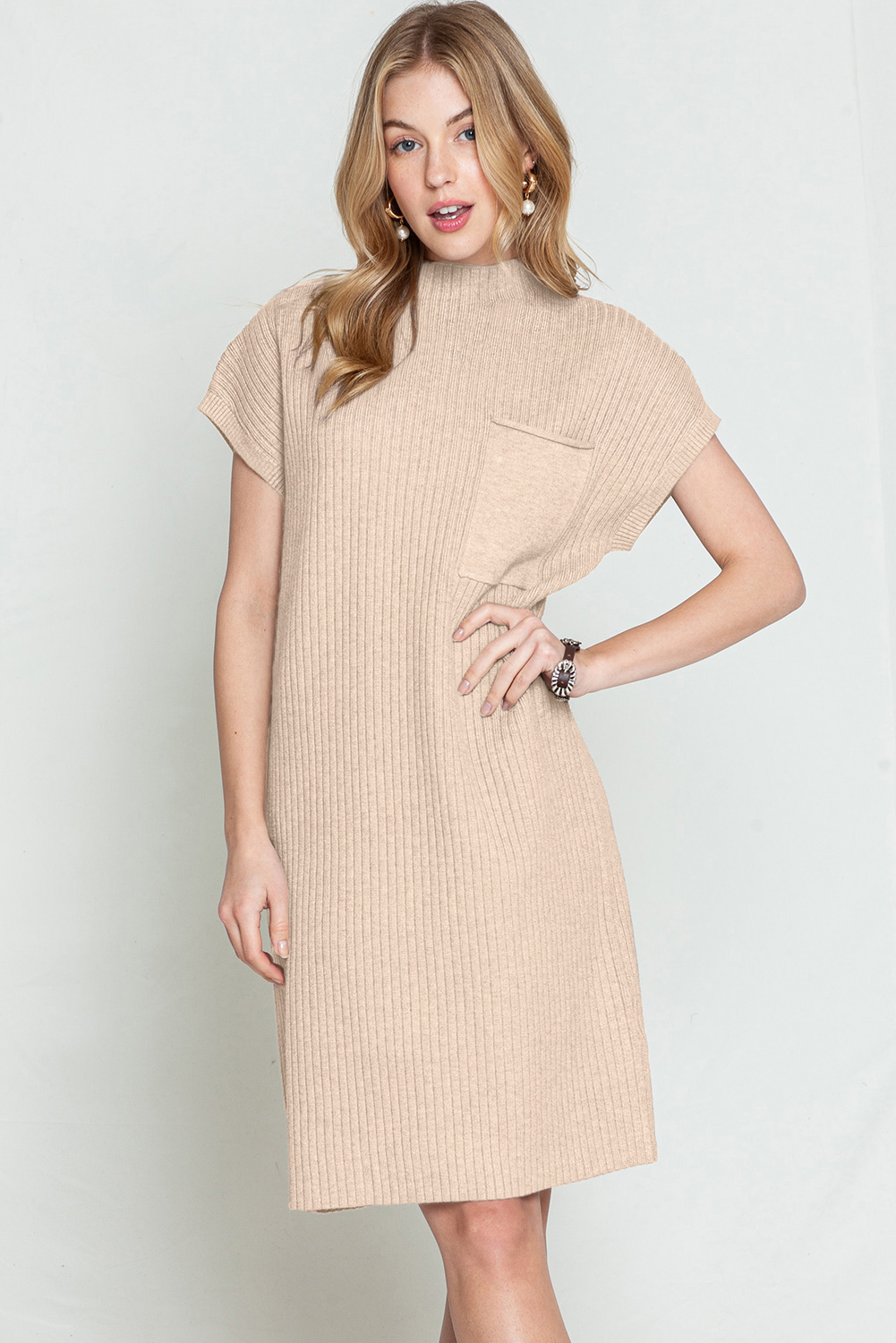 Oatmeal Patch Pocket Ribbed Knit Short Sleeve Sweater Dress