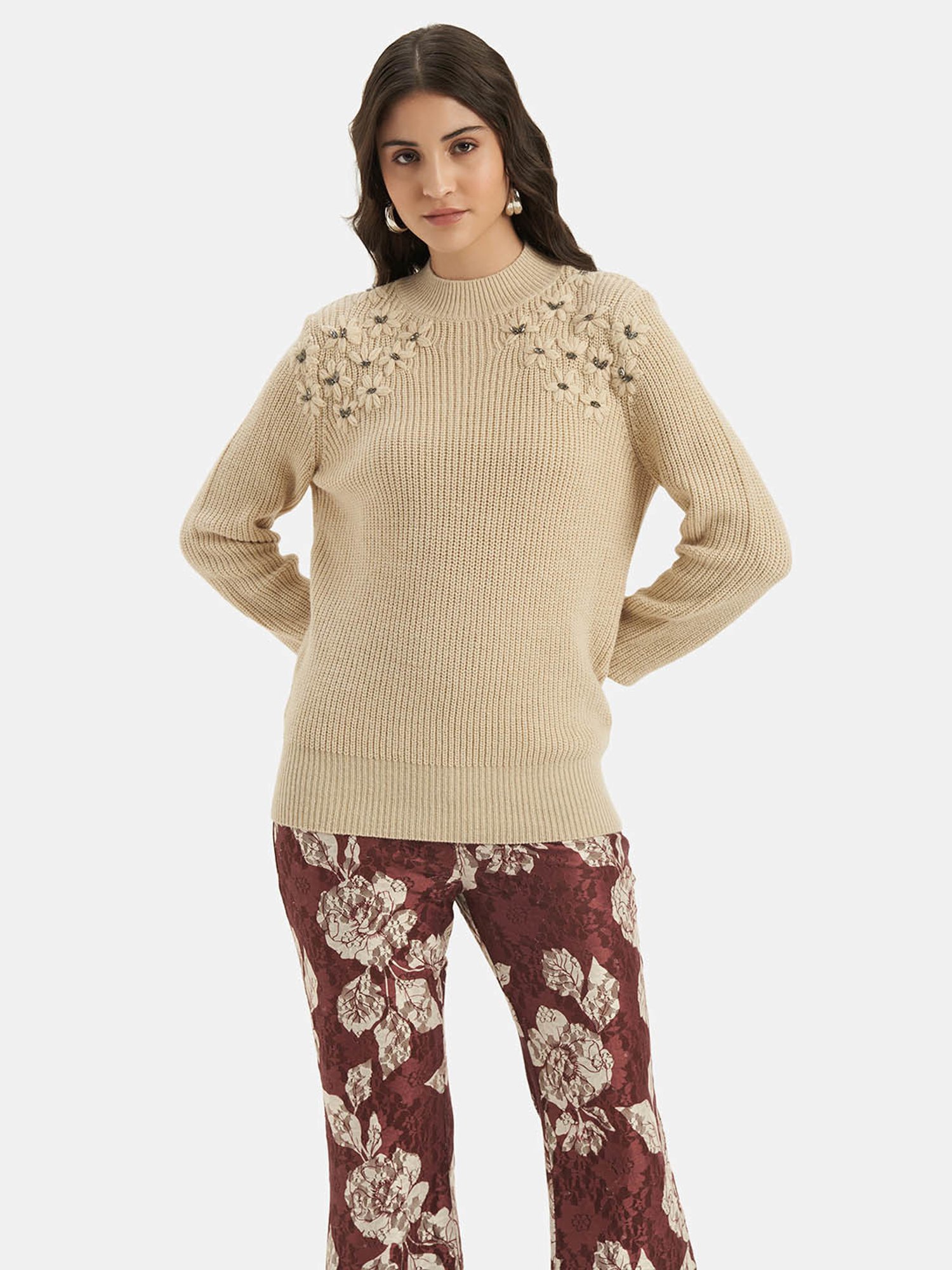 Kazo Beige Floral Embellished Pullover
