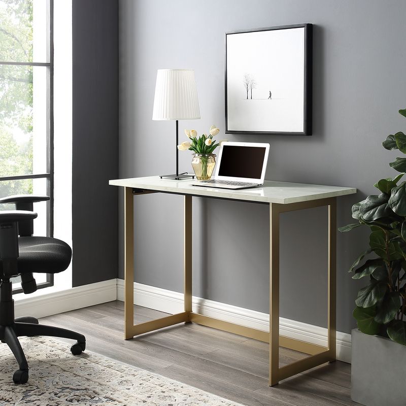 42" Contemporary Modern Faux Marble ComputerWriting Desk White Marble/Gold - Saracina Home