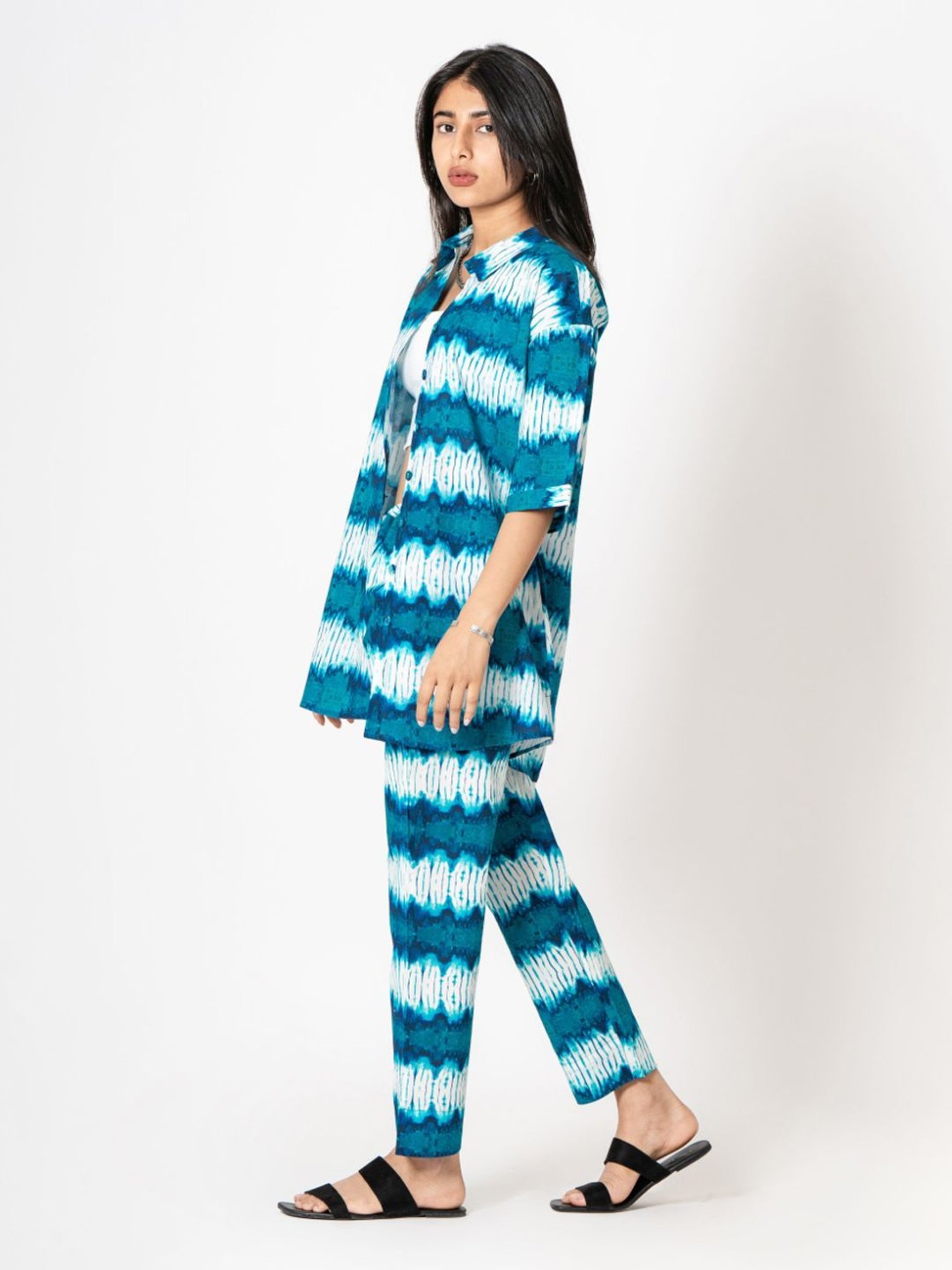Kameez by Pooja White & Turquoise Blue Capsule 24 Digital Print Cotton Shirt and Pant Co-ord Set
